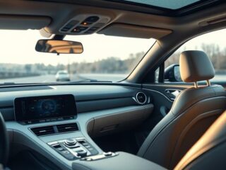 Aukštos kokybės automobilio salonas su matoma garsiakalbių sistema, perteikiantis komforto ir garso harmoniją.