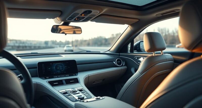 Aukštos kokybės automobilio salonas su matoma garsiakalbių sistema, perteikiantis komforto ir garso harmoniją.