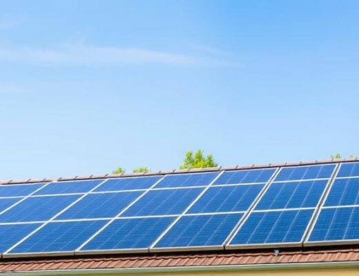 Modernios saulės baterijos įrengtos ant gyvenamojo namo stogo saulėtą dieną