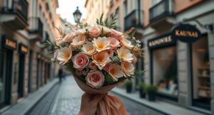 Meniška gėlių puokštė Kauno miesto gatvėje, perteikianti emociją ir estetiką.