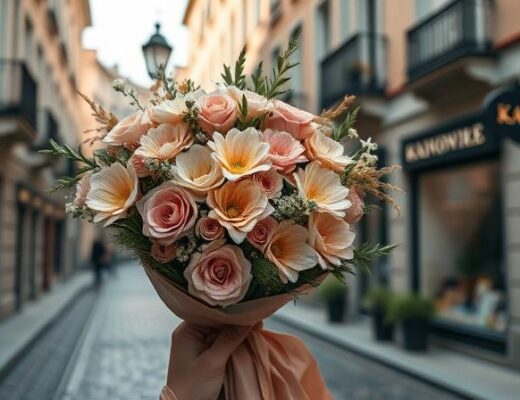 Meniška gėlių puokštė Kauno miesto gatvėje, perteikianti emociją ir estetiką.