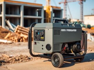Nešiojamas elektros generatorius, saugiai naudojamas lauko sąlygomis statybvietėje.